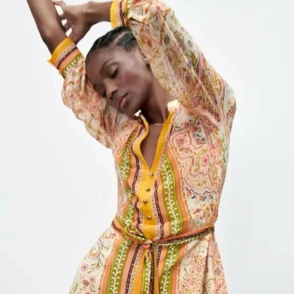 NWOT ZARA Printed Boho Tied Floral Mini Summer Dress Sz S - Picture 2 of 10